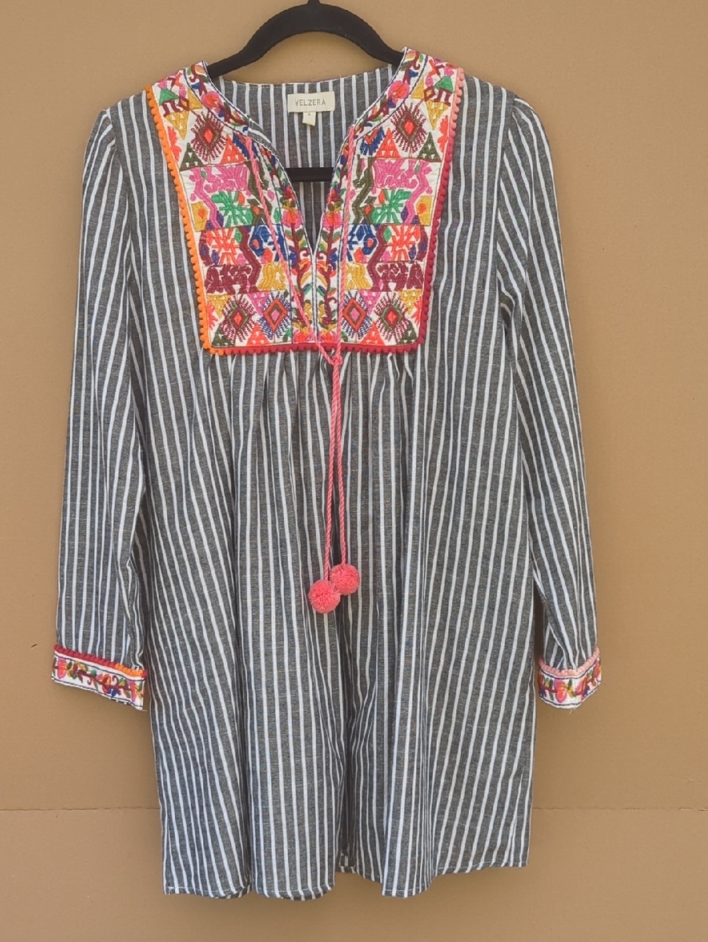 Velzera Embroidered Boho Tunic Gray Striped Pom Pom Blouse Lagenlook Top Small